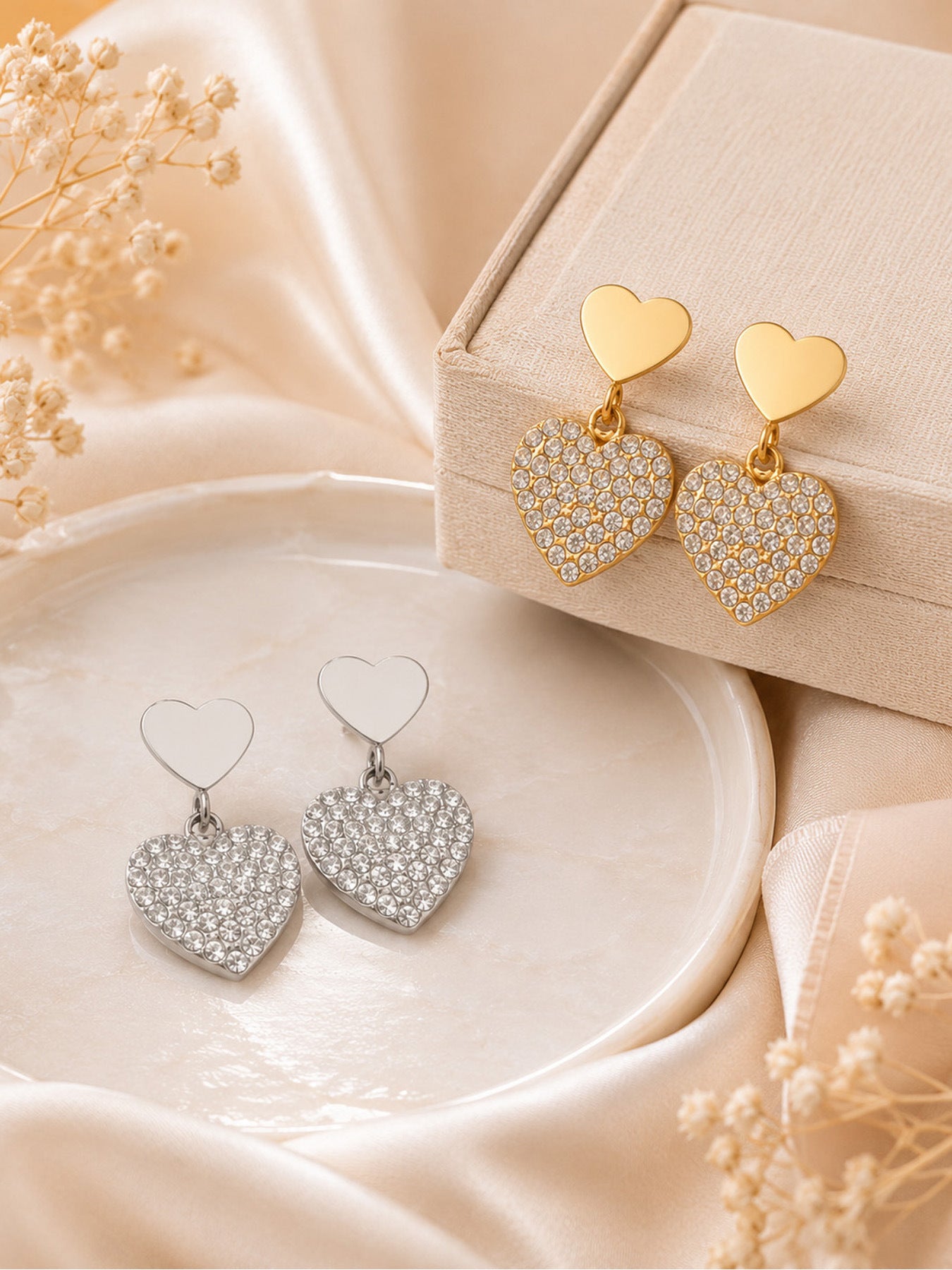 Pavé Double Heart Drop Earrings