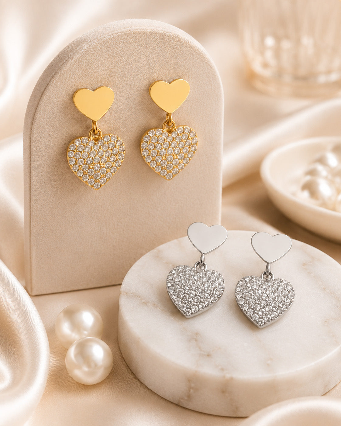 Pavé Double Heart Drop Earrings