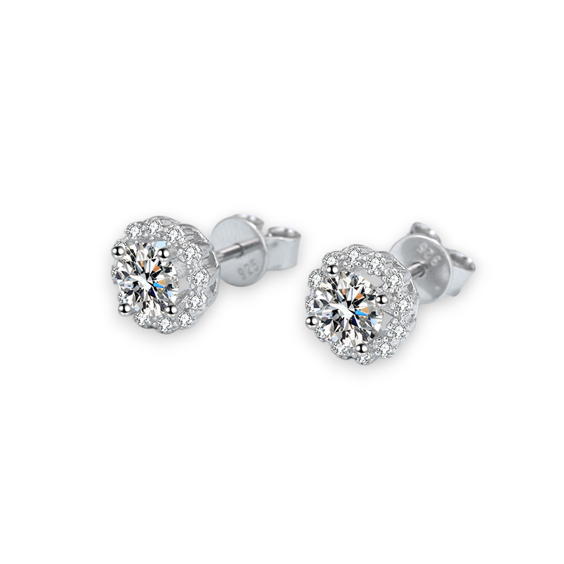 Floral Design Round Halo Stud Earrings