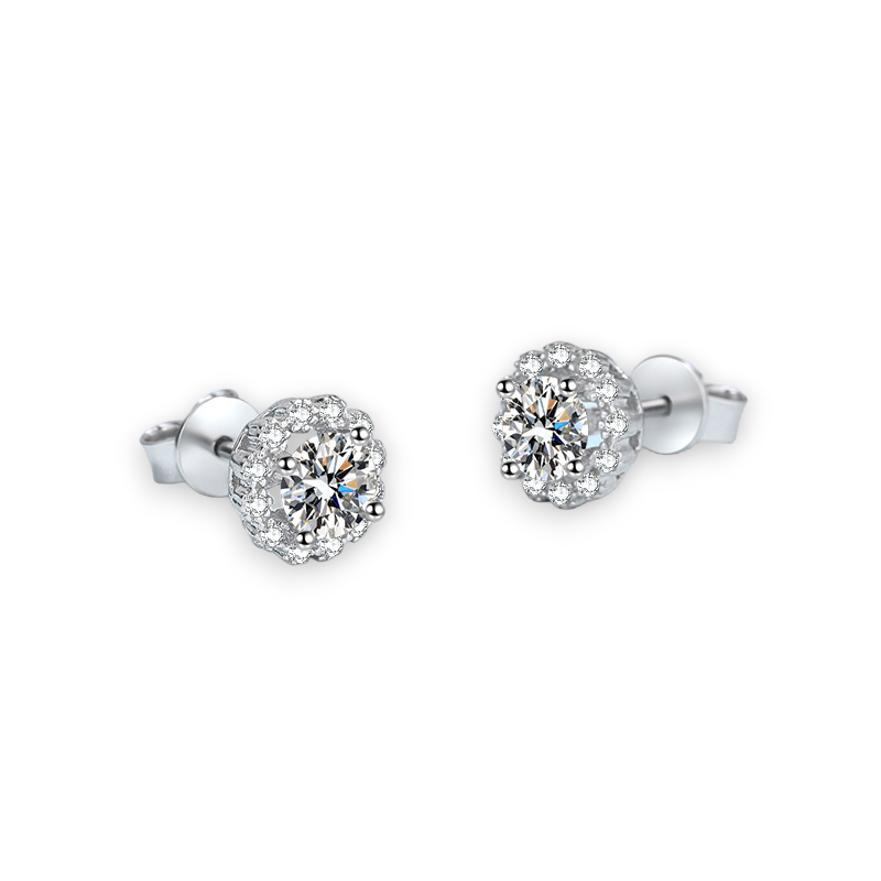 Floral Design Round Halo Stud Earrings