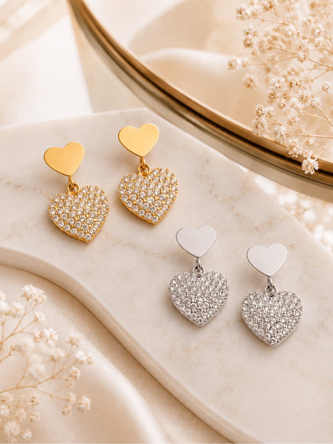 Pavé Double Heart Drop Earrings