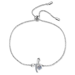 Shiny Silver Bow Tie Round Moissanite Bracelet