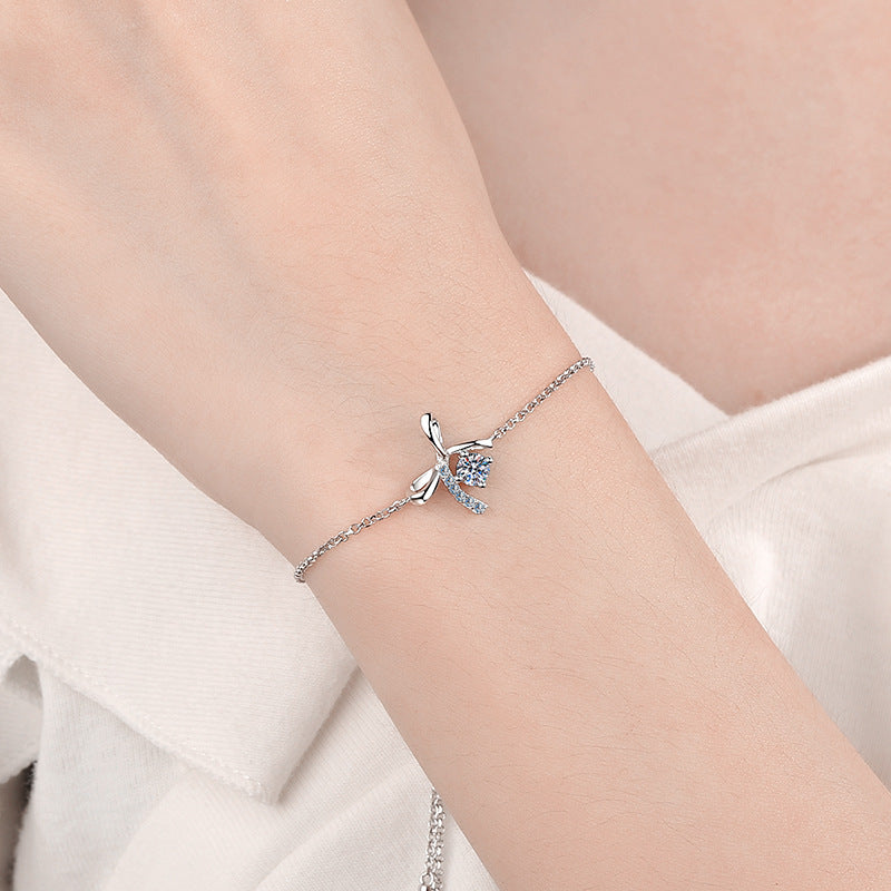 Shiny Silver Bow Tie Round Moissanite Bracelet