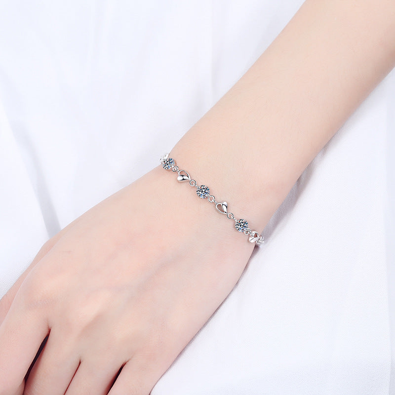 Silver Heart Design Round Moissanite Bracelet